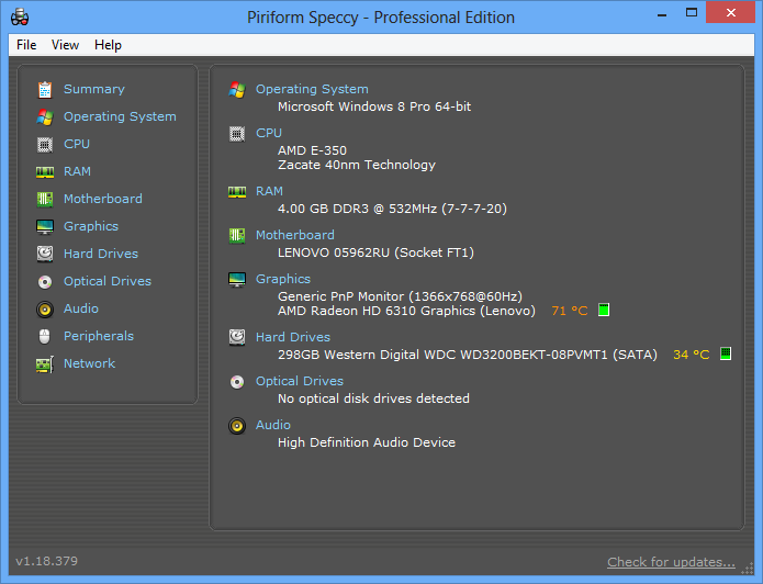 Бесплатная программа для проверки температуры видеокарты Pirinform Speccy